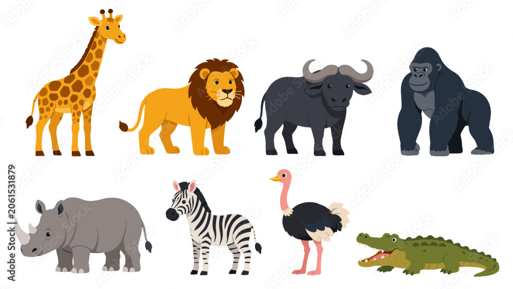 Obraz premium Cartoon safari animals set with giraffe lion zebra and crocodile