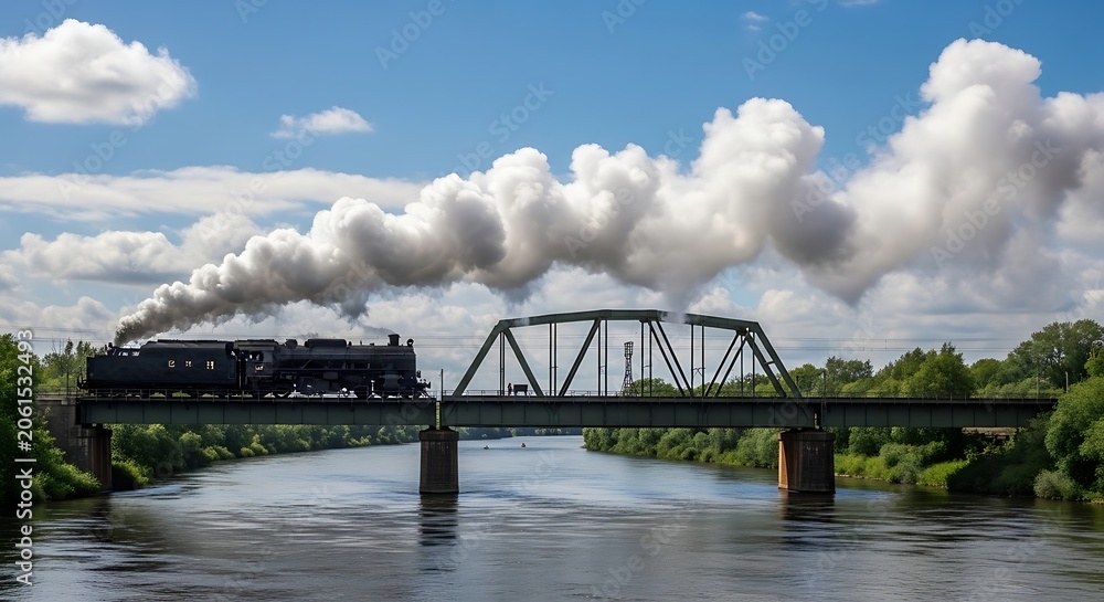 Fototapeta premium Vintage steam train crossing metal truss bridge over river landscape