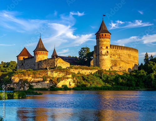 A medieval fortress with three towers and a round wall sits on a cliff overlooking a serene river under a blue sky