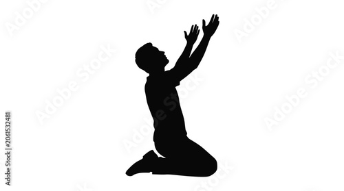 Fotografía Black silhouette vector illustration of a man kneeling in a humble position with his arms raised upward toward the sky to express deep spiritual devotion or intense emotional gratitude today