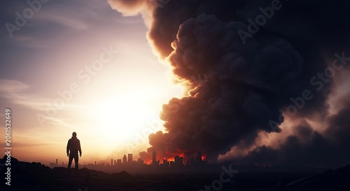 Lone figure gazes at burning cityscape in apocalyptic sunset