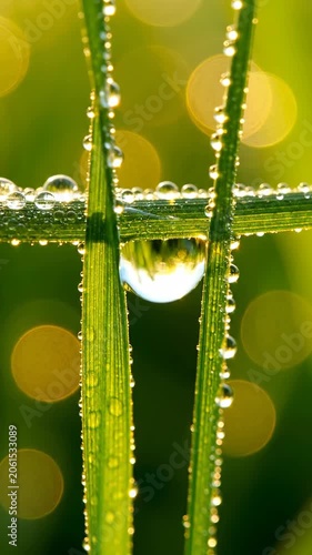 Close up dew drops on grass blades with golden bokeh
