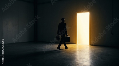 Silhouette of a businessman with a briefcase walking towards a bright open door in a dark room.