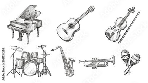Cuadro en lienzo Hand drawn sketch set of assorted musical instruments