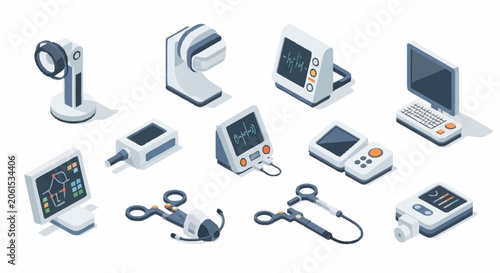Fényképezés Collection of isometric medical equipment and devices for healthcare and science