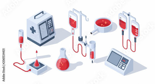 Foto Medical equipment for blood transfusion and laboratory analysis, presented in a clean isometric style