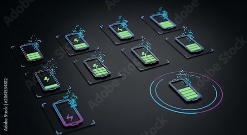 Battery level indicators with charging animation power depletion and wireless charging concept