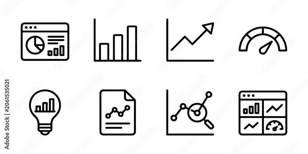 Fototapeta premium Analytics icon set with outline pie dashboard bar chart growth report and KPI for SaaS UI