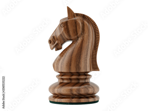 Classic hand-carved wooden knight chess piece with polished grain finish isolated on white for strategy concept