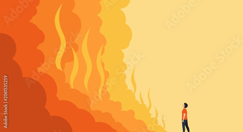 A solitary figure stands before a massive, overwhelming wall of fire, contemplating the intense heat and potential danger of the inferno.