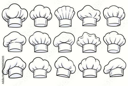 Foto Hand drawn Chef hat outline set, cooking and bakery uniform toque icons collecti