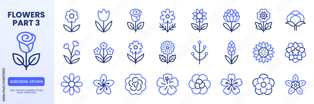 Fototapeta premium Flowers line icon set. Rose, tulip, sunflower, lotus, chamomile, lavender minimal vector illustrations. Simple outline signs for floral design. Blue duotone color. Editable Stroke.