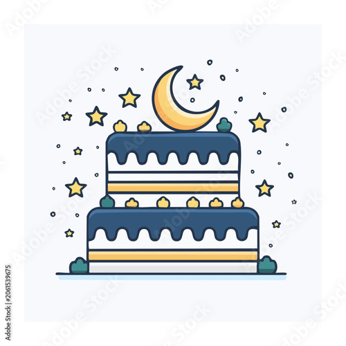 Flat Design Birthday Cake with Moon and Stars