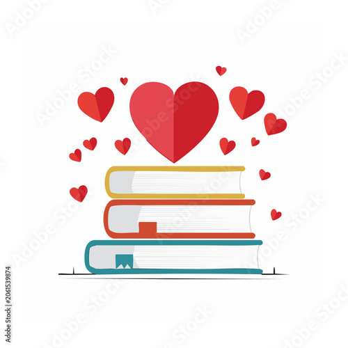 Flat design stack of books with heart and floating hearts