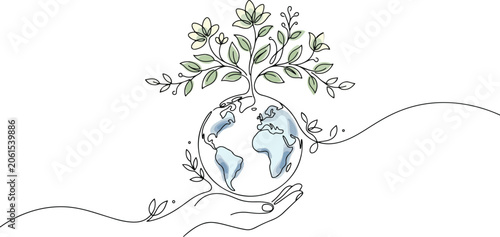 Earth Day Eco Friendly Planet with Green City Line Art Illustration