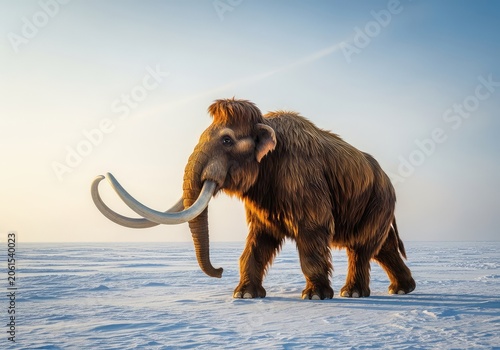 A majestic woolly mammoth with massive curved tusks traverses a frozen landscape during the harsh glacial era under a pale and winter sun, powerful, sky, landscape