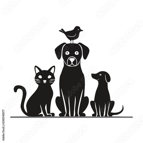 Minimalist Silhouette of Dog, Cat, and Bird