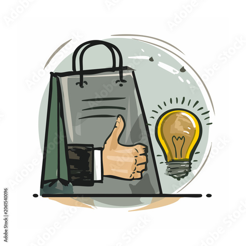 Shopping bag with thumbs up and light bulb illustration
