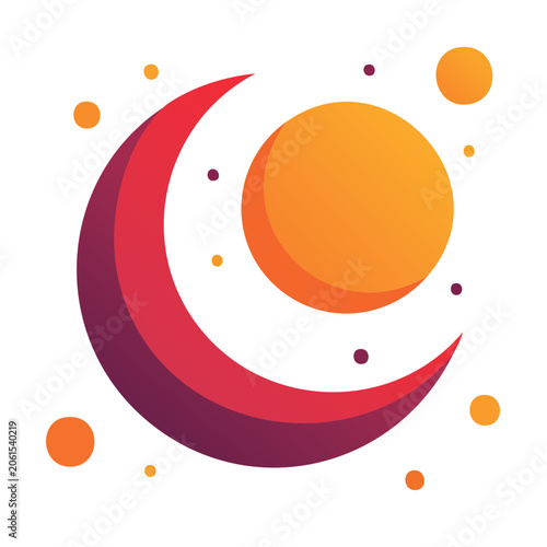 Sun and crescent moon icon in flat design