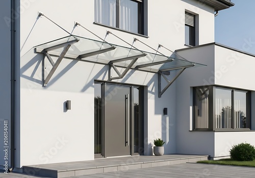 Modern glass entrance canopy with stainless steel brackets over a house door