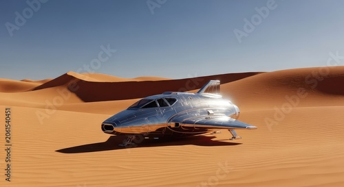A sleek metallic spacecraft rests on expansive orange sand dunes under a clear sky, reflecting the harsh sunlight of a barren alien planet, galactic, metallic, voyage