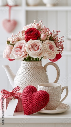 Romantic Valentine Floral Arrangement with Roses, Handmade Heart and Gift Box for Love Celebration, Romantic Valentine Floral Arrangement for Wedding, Anniversary, Mothers Day and Heartfelt Lifestyle 