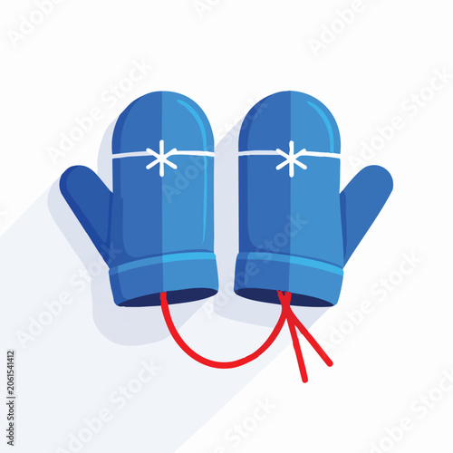 A pair of blue winter mittens connected by a red string.