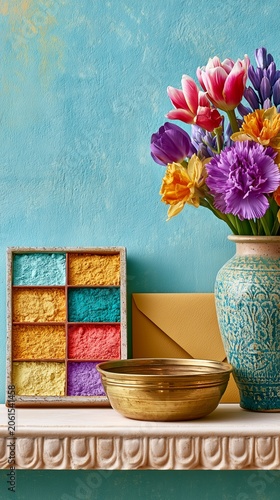 Colorful Floral Home Decor with Vibrant Flower Arrangement and Artistic Textured Palette, Colorful Floral Home Decor for Creative Interior Styling, Bohemian Living Space and Contemporary Design 