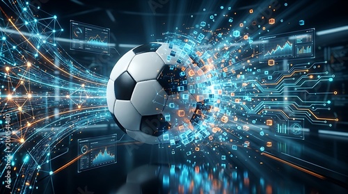 Digital transformation in sports with a 3D soccer ball breaking into voxels and glowing tech UI