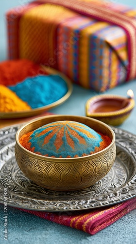Colorful Festival Powder Bowl with Vibrant Pigments and Traditional Cultural Celebration Decor Colorful Festival Powder Bowl for Holi Festival Cultural Heritage Events and Joyful Community Celebration