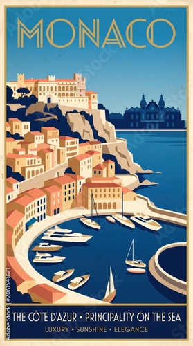 Vintage retro travel poster of Monaco featuring densely packed golden hillside buildings, luxury yacht harbour and clifftop palace under deep navy sky. Cote d'Azur principality elegance concept