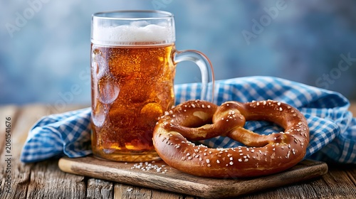 Pretzel and Beer Oktoberfest Snack with Traditional Bavarian Refreshment and Rustic Pub Table Setting, Pretzel and Beer Oktoberfest Snack for German Festival Celebration