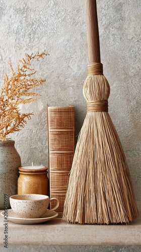 Witch broom decoration beside spellbook, Rustic Straw Broom Decor with Natural Fiber Craftsmanship and Minimalist Farmhouse Interior Styling, Rustic Straw Broom Decor for Sustainable Home Living
