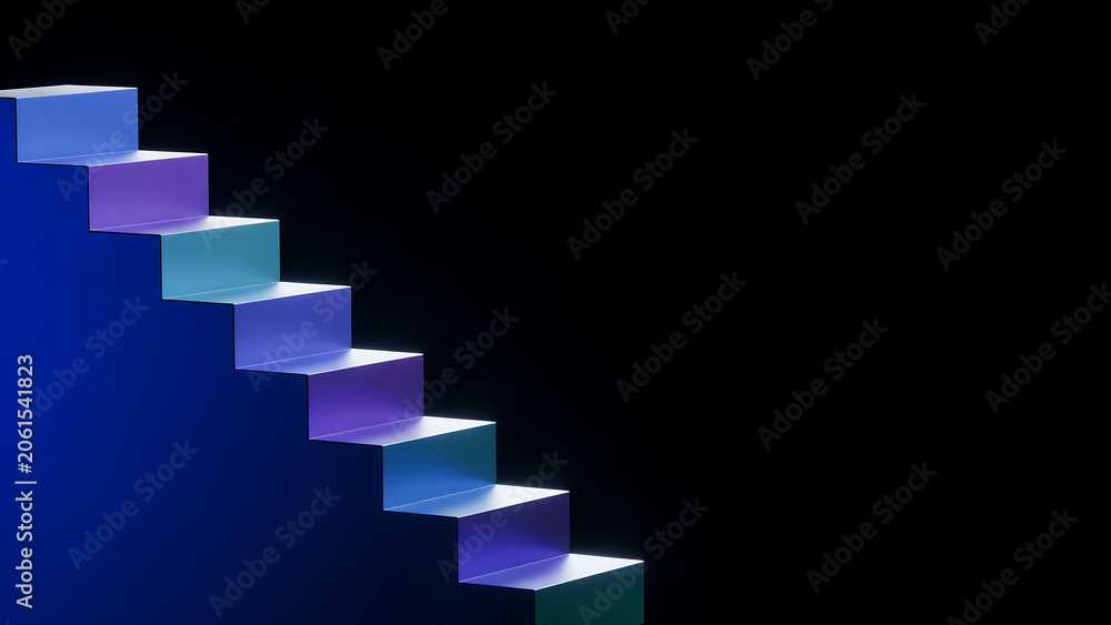 Obraz premium A 3d illustration of a staircase with glowing blue and purple steps on a dark background, showcasing a modern and futuristic design element