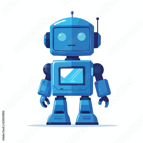 Friendly Blue Robot Character Illustration Standing Alone.