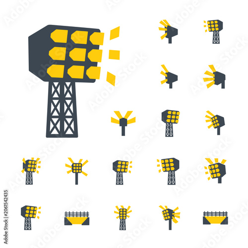 Stadium floodlight tower icon set with multiple angle variations and yellow light beams flat vector illustration isolated on white background