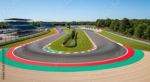 An expansive aerial perspective of a winding asphalt race track with vibrant curbs, lush green surroundings, and tiered seating structures, grandstand, surface, texture