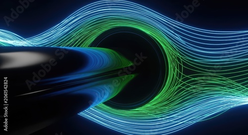 An immersive abstract background with glowing blue and green neon trails moving through a deep black digital pipe in a cybernetic space, speed, fiction, data