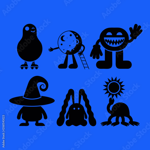 Black Silhouette Vector Illustrations Of Mythical Creatures And Celestial Bodies