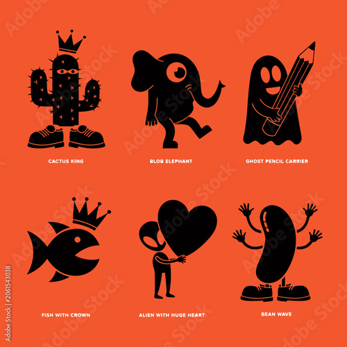 Six Black Silhouette Icons Of Animals And Objects On Orange