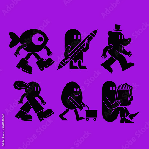 Animal Character Silhouettes Black Vector Illustrations On Purple Background