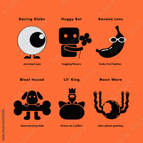 Flat Icon Set Of Six Characters Black Silhouettes On Orange Background