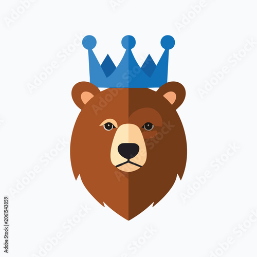 Flat vector illustration of a brown bear head wearing a blue crown.