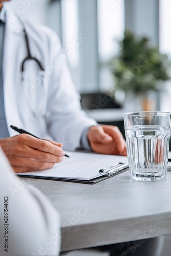 Medical consultation scene healthcare professional discussing dietary recommendations with patient in contemporary clinic. Ideal for preventive healthcare campaigns and nutrition awareness materials