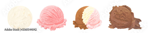 Bild auf Leinwand Set of vanilla, strawberry, chocolate and neapolitan ice cream scoop