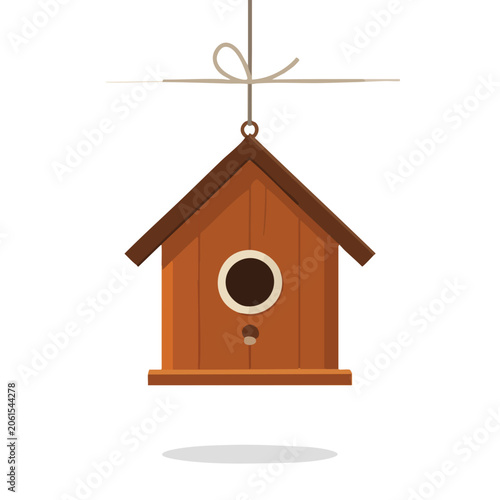 Wooden birdhouse hanging on a rope flat vector illustration.