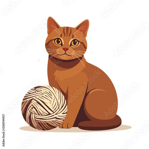 Cute ginger tabby cat sitting next to a ball of yarn.