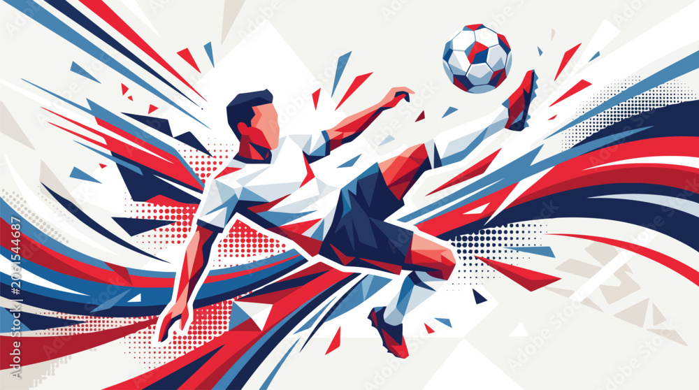 Naklejka premium Dynamic soccer player kicking ball in mid-air, abstract geometric football athlete vector, energetic sports action illustration with red and blue motion lines