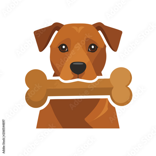 A cute brown puppy holding a large bone in its mouth.