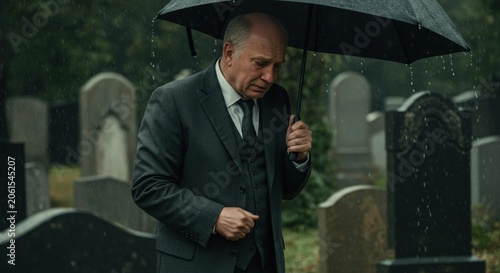 Man in suit with umbrella cemetery.